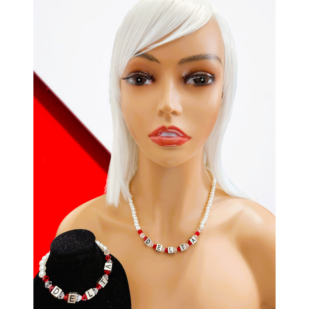 Delta Sigma Theta Jewelry Necklace Earrings‎ & bracelet Set Red and white Pearls